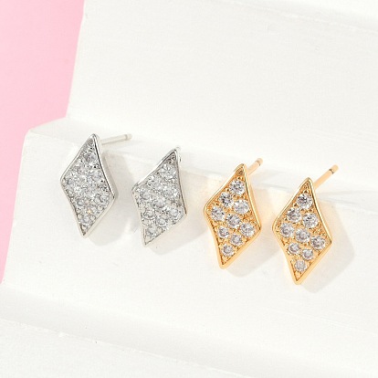Серьги-гвоздики из латуни с микропаве из прозрачного кубического циркония в форме ромба для женщин, без кадмия и без свинца, долговечный, стойки покрытие