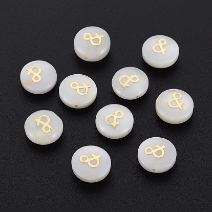 Natural Freshwater Shell Beads, with Golden Plated Brass Metal Embellishments, Flat Round with Mark &