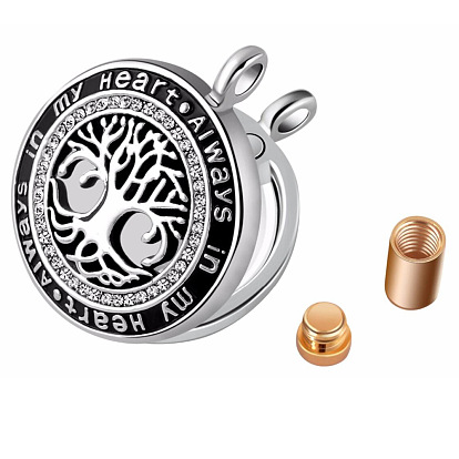 Openable Alloy Memorial Urn Ashes Pendants, Flat Round with Tree of Life & Word