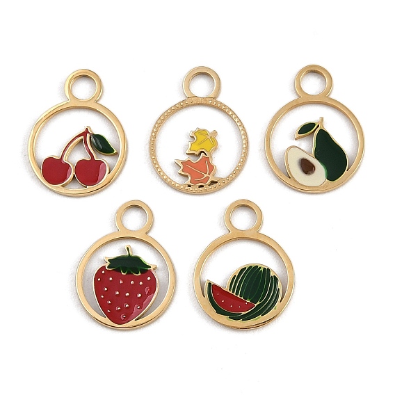 304 подвески из нержавеющей стали, с эмалью, ионное покрытие (ip), плоский круглый с фруктами, реальный 18 k позолоченный