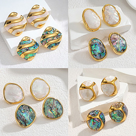 304 Stainless Steel & Natural Shell Nuggets Stud Earrings, Golden