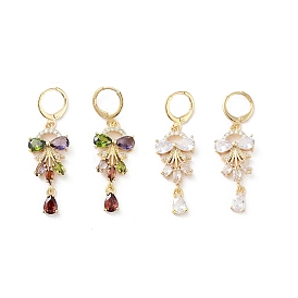 Bowknot Rack Plating Golden Brass Dangle Leverback Earrings, with Cubic Zirconia for Women