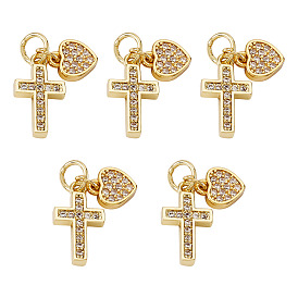 5шт. подвески в виде сердца и креста из латуни с кубическим цирконием, с 304 кольцами из нержавеющей стали