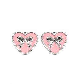 Brass Enamel Charms, Nickel Free, Heart with Bowknot, Real Platinum Plated