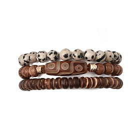 3 шт. 3 набор эластичных браслетов из натурального далматина и кокосового дерева, расшитых бисером, тибетские штабелируемые браслеты Дзи