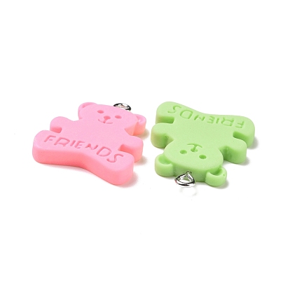 Opaque Resin Pendants, with Platinum Plated Iron Loops, Bear Charm with Word Friends