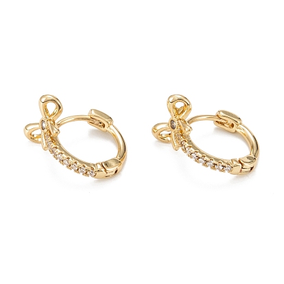 Brass Micro Pave Clear Cubic Zirconia Hoop Earrings, Lead Free & Nickel Free & Cadmium Free, Ring with Bowknot