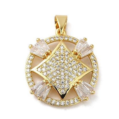 Brass Cubic Zirconia Pendants, Long-Lasting Plated, Lead Free & Cadmium Free, Flat Round