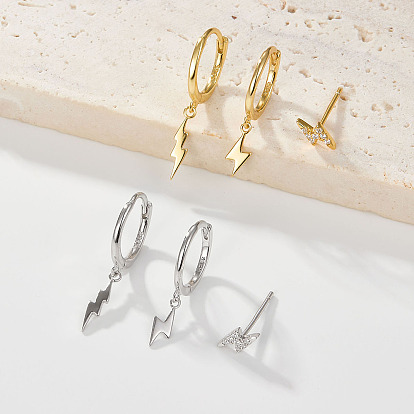 3Pcs S925 Sterling Silver Lightning Bolt Earring Sets, with Clear Cubic Zirconia