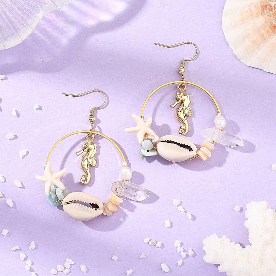 Alloy & Natural Shell & Natural Quartz Crystal & Natural Larimar & Synthetic Turquoise Dangle Earrings, Sea Horse, 304 Stainless Steel Dangle Earrings for Women