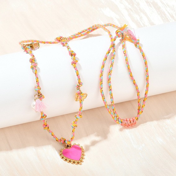 304 подвеска в виде розового сердца из нержавеющей стали с эмалью, регулируемые ожерелья из хлопкового шнура, со стеклом и АБС-пластиком с имитацией жемчуга, ионное покрытие (ip)