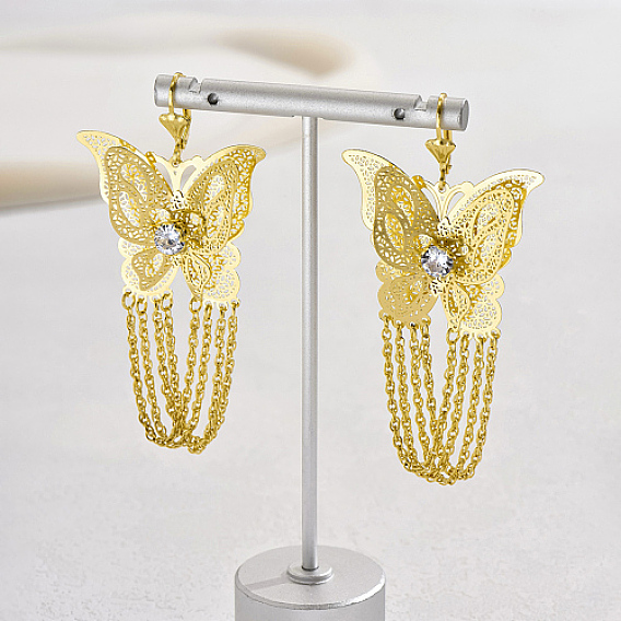 Iron Filigree Butterfly Dangle Leverback Earrings, Chains Tassel Earrings