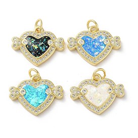 Brass Micro Pave Clear Cubic Zirconia Pendants, with Synthetic Opal, Real 18K Gold Plated, Heart with Wings Charms
