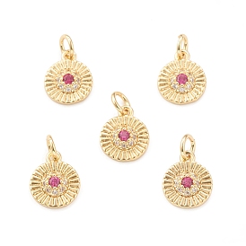 Eco-Friendly Brass Micro Pave Cubic Zirconia Charms, with Jump Ring, Lead Free & Cadmium Free, Long-Lasting Plated, Flat Round with Sun Charm