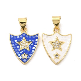 Natural Shell Pendants, with Clear Cubic Zirconia and Golden Brass Findings, Shield with Star