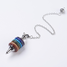 Chakra Natural/Synthetic Mixed Stone Coil Dowsing Pendulums, Spiral Pendulum, with Brass Chains, Platinum