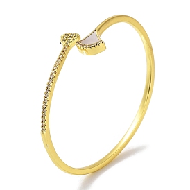 Brass Micro Pave Clear Cubic Zirconia Fan Cuff Bangles, Shell Bangles for Women