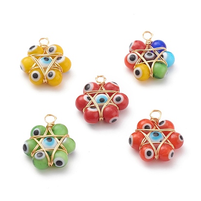 Handmade Lampwork Pendants, with Handmade Evil Eye Lampwork Round Bead and Eco-Friendly Copper Wire Copper Beading Wire