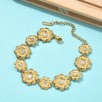 304 Браслеты из нержавеющей стали с микропаве из прозрачных кубических цирконий в виде цепочки, плетение «ромашка», для женщин