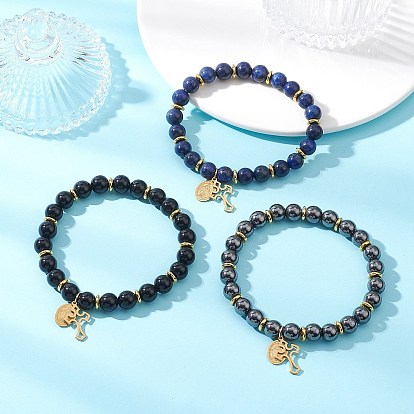 3шт. браслеты из натурального лазурита, безглазого обсидиана и немагнитного синтетического гематита с бусинами, 304 женские браслеты с подвесками из нержавеющей стали, крест и овал с девой марией