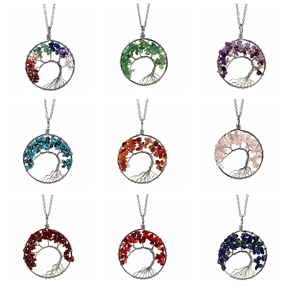 Natural & Synthetic Mixed Gemstone Chips Pendant Necklaces, Tree of Life