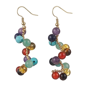 Спиральные серьги-подвески из натуральных и синтетических драгоценных камней, с цельными круглыми латунными бусинами и латунными крючками для сережек, семь чакр очарование, золотые