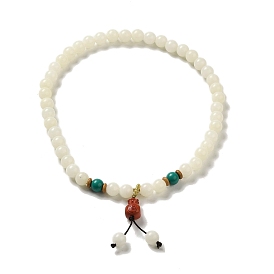 Bracelet extensible en perles de racine de bodhi en turquoise synthétique et jade blanc avec breloque de sac porte-bonheur au cinabre