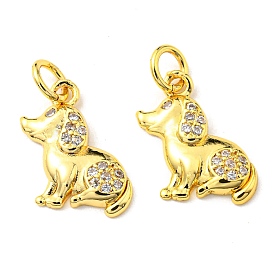 Rack Plating Brass Micro Pave Cubic Zirconia Charms, with Jump Ring, Dog