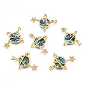 Brass Micro Pave Clear Cubic Zirconia Pendants, with Synthetic Abalone Shell/Paua Shells, Real 18K Gold Plated, Nickel Free, Planet with Star