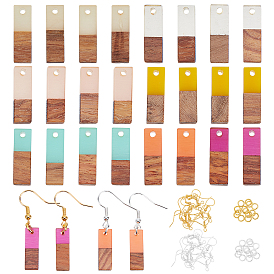 Olycraft DIY Walnut Wooden Dangle Earring Making Kits, 28Pcs 7 Colors Rectangle Resin & Walnut Wood Pendants, Brass Earring Hooks & Jump Rings