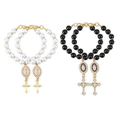 4 шт. 2 стили подвески из сплава, эмали, стразов и акриловых бусин-жемчужин, крест с овальной Девой Марией