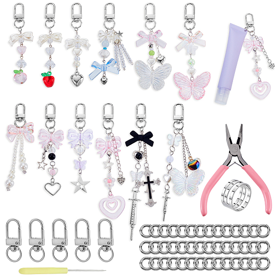 Сделай сам наборы для ключей, включая латунные кольца, плоскогубцы, железные шила, Сплав застежками, 304 кольца прыжок из нержавеющей стали, Декоративный кулон из сплава/акрила/смолы/пластика