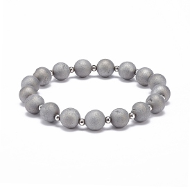 Natural Druzy Geode Weathered Agate Round Beaded Stretch Bracelet, Gemstone Jewelry for Women
