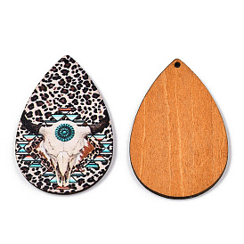 Single Face Printed Basswood Big Pendants, Teardrop Charm with Sheep Skull and Leopard Print Pattern