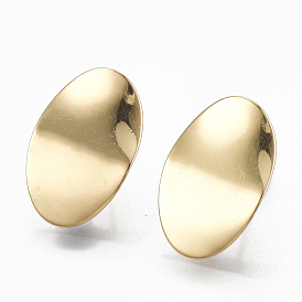 Brass Stud Earring Findings, with Loop, Oval, Real 18K Gold Plated