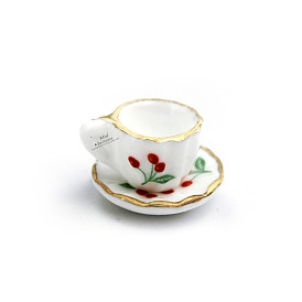 2Pcs Cherry Pattern Mini Porcelain Teacup & Saucer Set, for Dollhouse Accessories, Pretending Prop Decorations