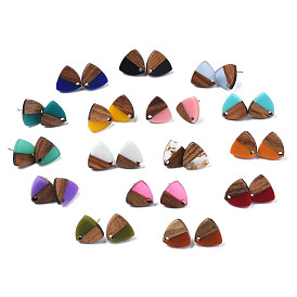 Resin & Walnut Wood Stud Earring Findings, with 304 Stainless Steel Pin and Hole, Two Tone, Triangle