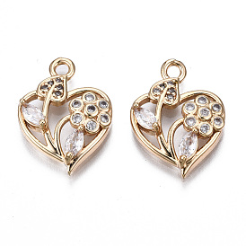 Brass Micro Pave Clear Cubic Zirconia Pendants, Long-Lasting Plated, Cadmium Free & Lead Free, Heart