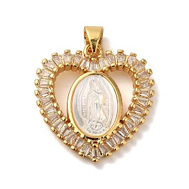 Brass Micro Pave Clear Cubic Zirconia Pendants, with Shell, Lead Free & Cadmium Free, Long-Lasting Plated, Heart with Virgin Mary