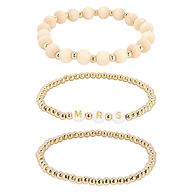 BENECREAT 6Pcs 3 Style Word Mrs Stretch Bracelets Set, Brass Beads, Natural Unfinished Wood & Brass & Acrylic Bracelets for Women