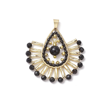 Подвески-слезинки из стеклянных бусин, с бусиной из натурального черного оникса и 201 соединительными кольцами из нержавеющей стали