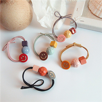 Cute Colorful Smiley Bead Hair Rope - Simple Elastic Hair Band Accessory