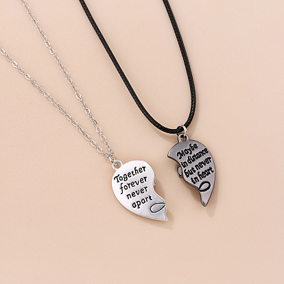 2Pcs 2 Style Alloy Magnet Heart Matching Pendant Necklaces Set, Word Couple Necklaces for Valentine's Day