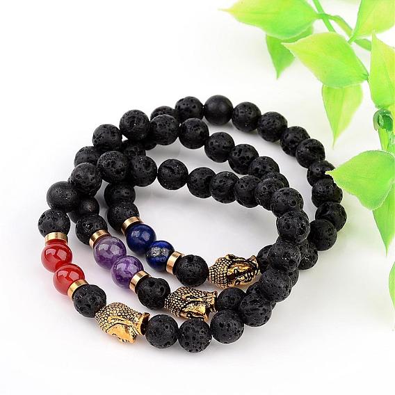 Natural Lava Rock Bead Stretch Bracelets, with Natural Gemstone Beads and Alloy 3D Buddha Head Beads, Antique Golden