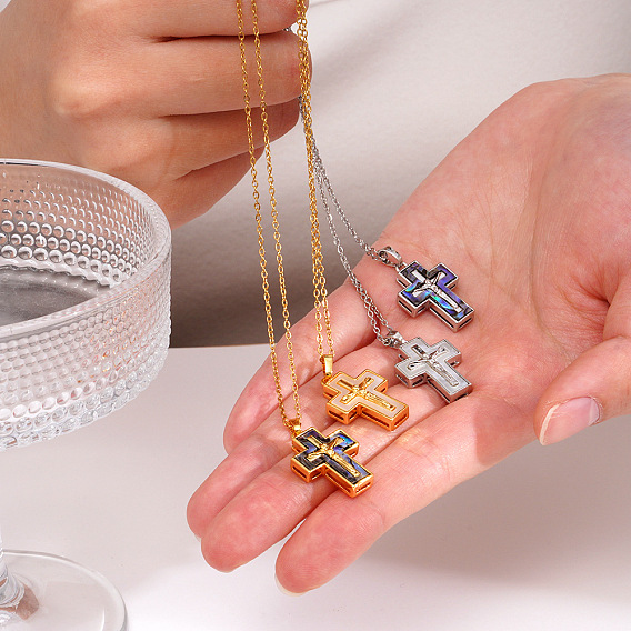 Латунные паве натуральные ракушки религия иисус крест кулон ожерелья для женщин