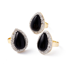 Natural Obsidian Adjustable Ring with Crystal Rhinestone, Brass Chunky Ring for Women, Golden