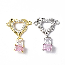 Brass Pave Clear & Pink Cubic Zirconia Connector Charms, Heart Links with Dangle Charm