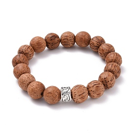 Natural Coconut Wood Round Beads Stretch Bracelet, Grooved Alloy European Beads Bracelet for Men Women