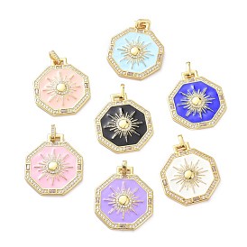 Brass Micro Pave Cubic Zirconia Pendants, with Enamel, Octagon with Sun