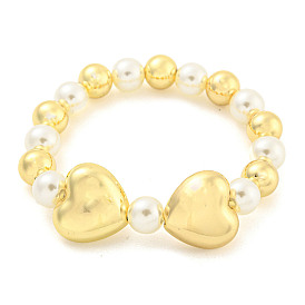Rack Plating Brass & ABS Imitation Pearl Beaded Stretch Bracelets, Heart & Round Bracelets for Women, Cadmium Free & Lead Free, Long-Lasting Plated